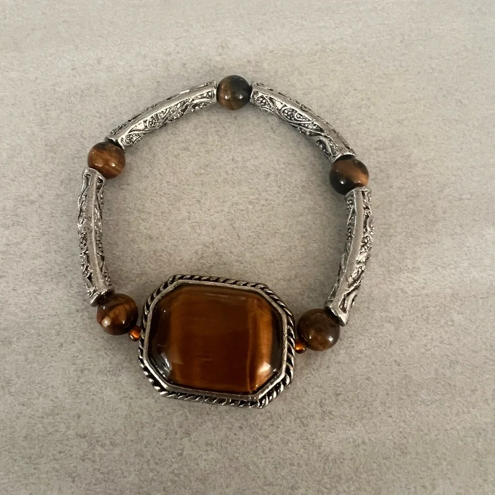 Tiger Eye Accent Stretch Bracelet in Brown and Silver